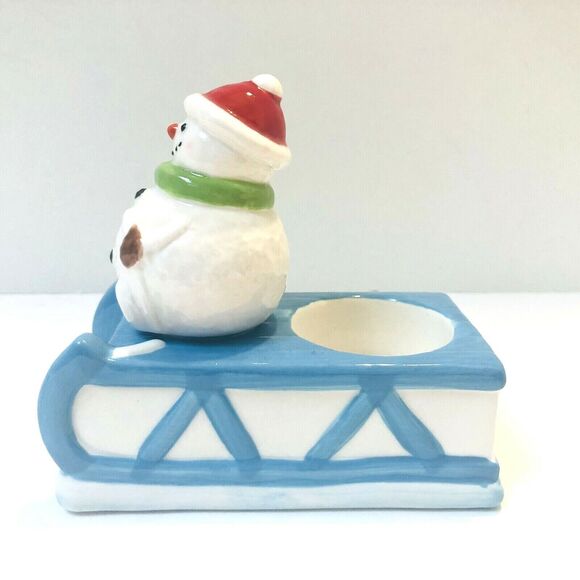 Yankee Candle Winter Snowman On Sled Tea Light Votive Candle Holder Ceramic NEW - Picture 4 of 6